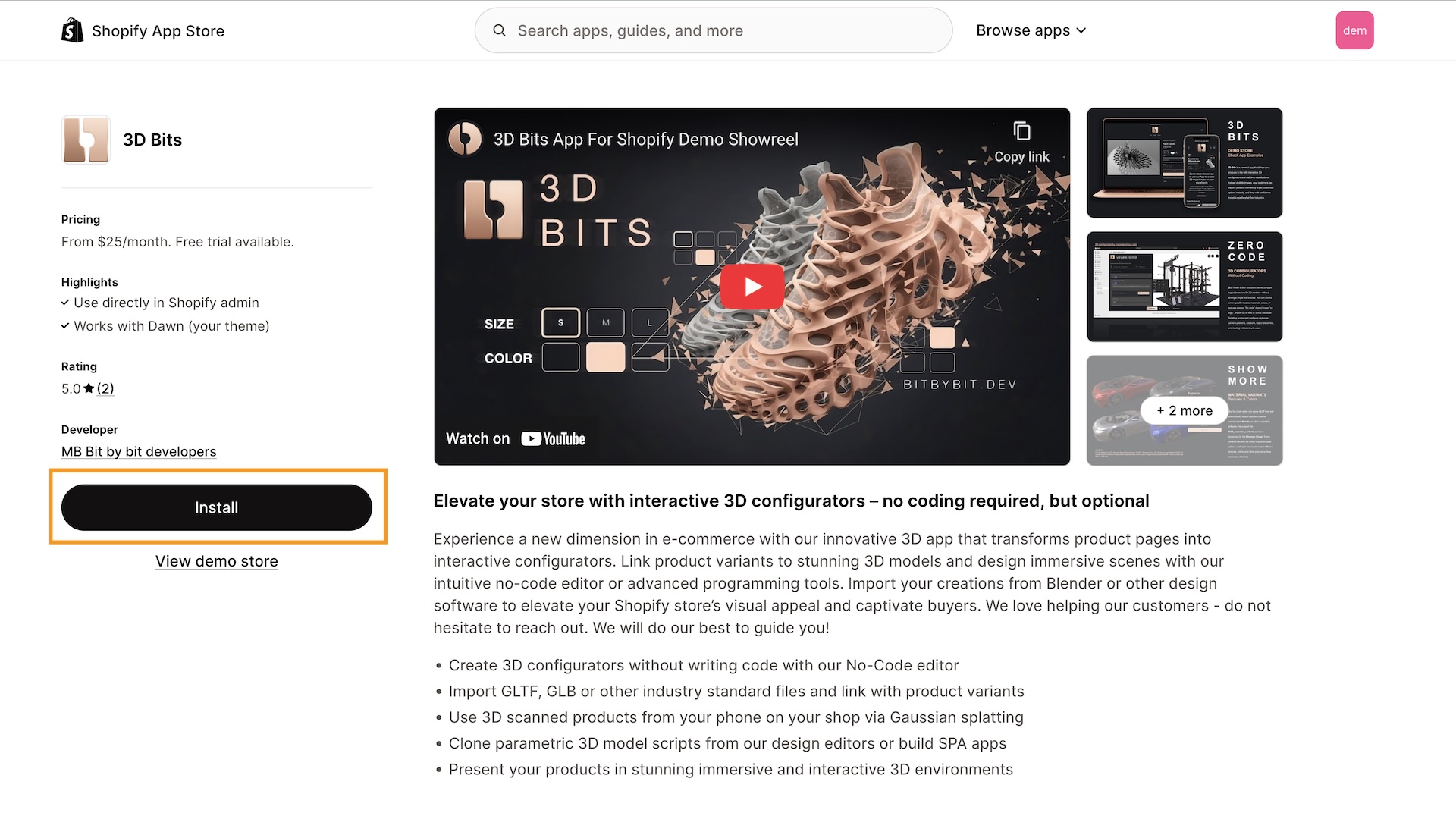 Install 3D Bits app for Shopify
