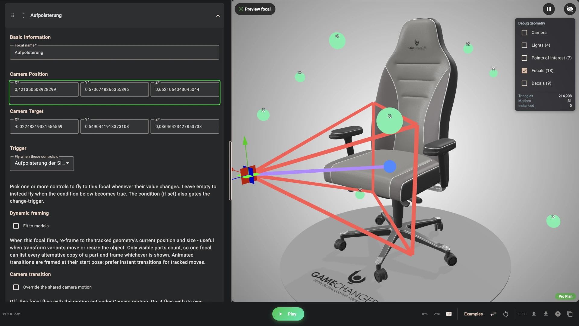Gamechanger configurator focal camera views of armrest, base, castors and side panel 3