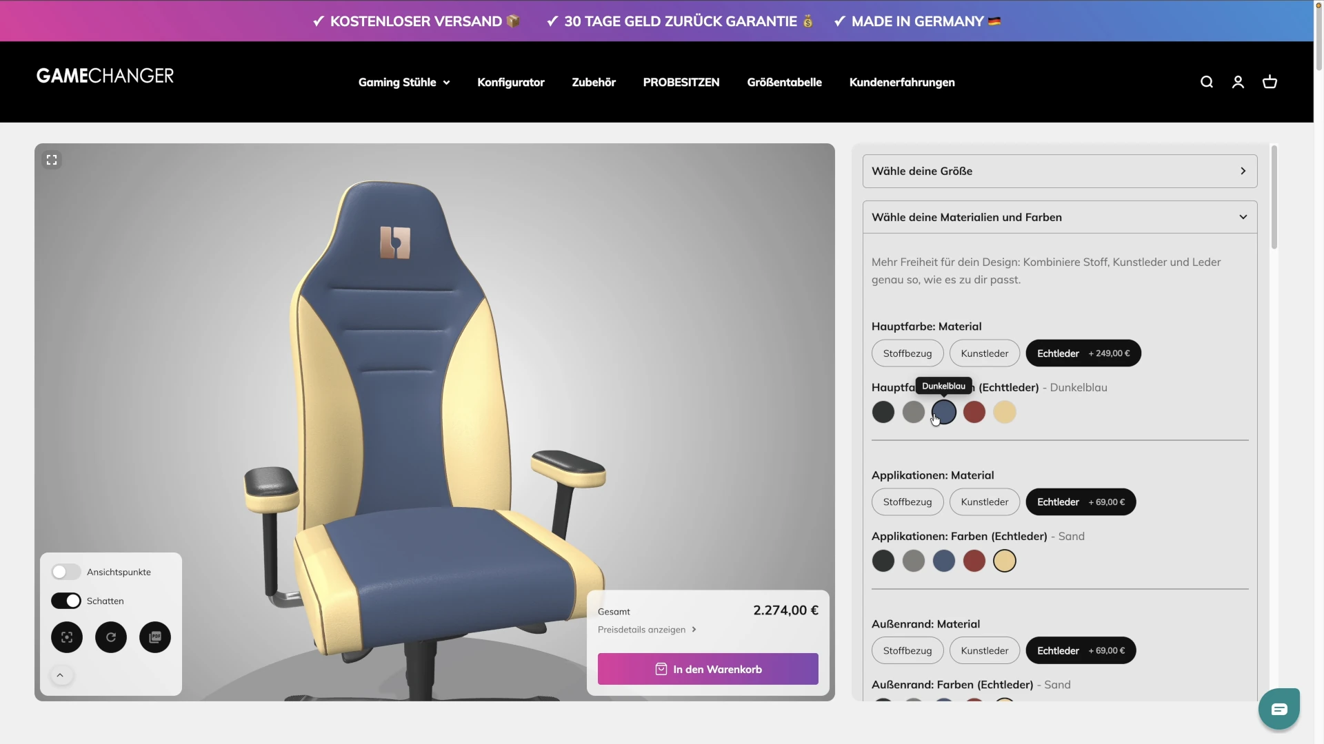 Gamechanger gaming chair configurator materials and colours 2