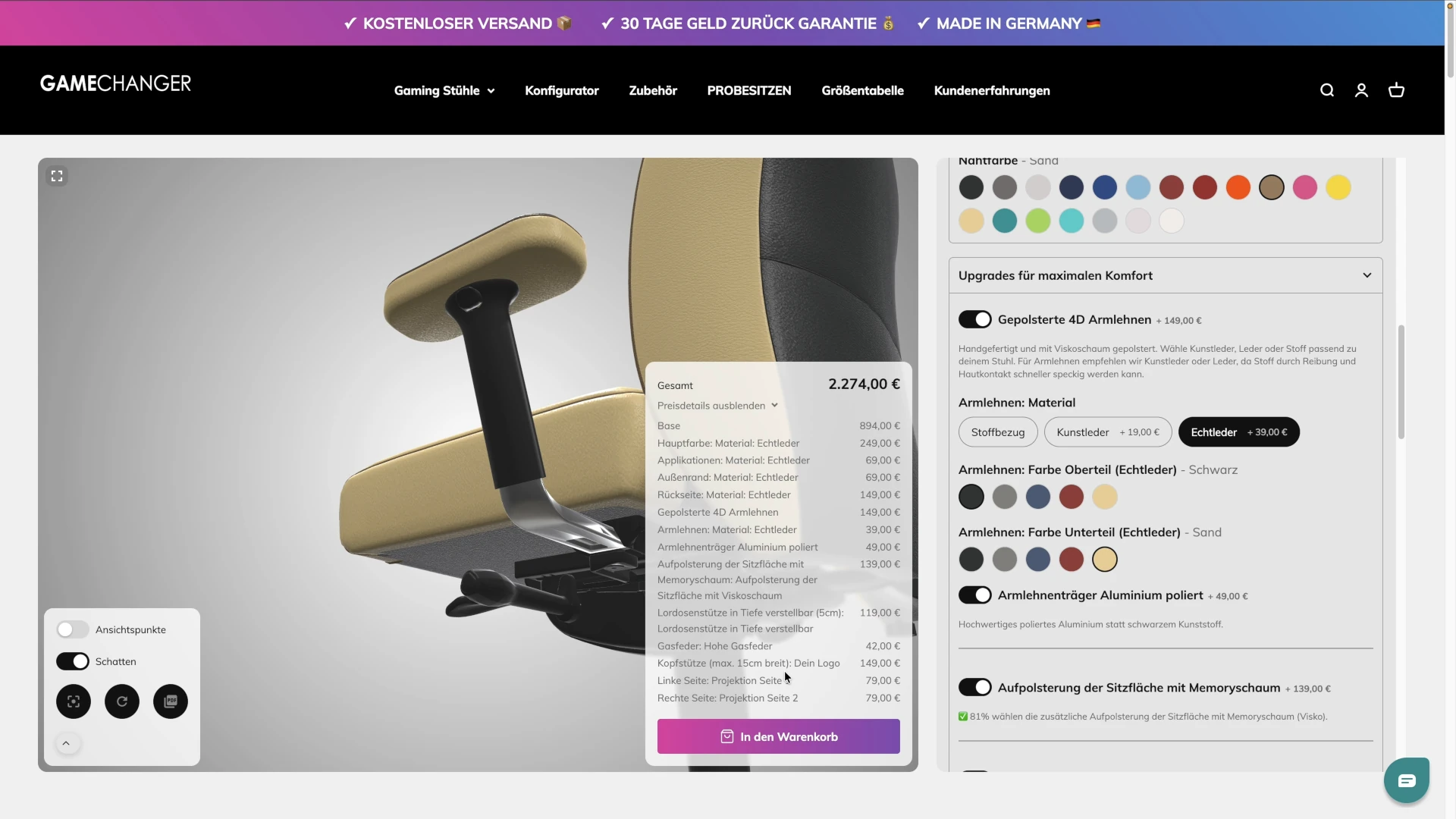 Gamechanger configurator live price breakdown and Composer pricing setup 1