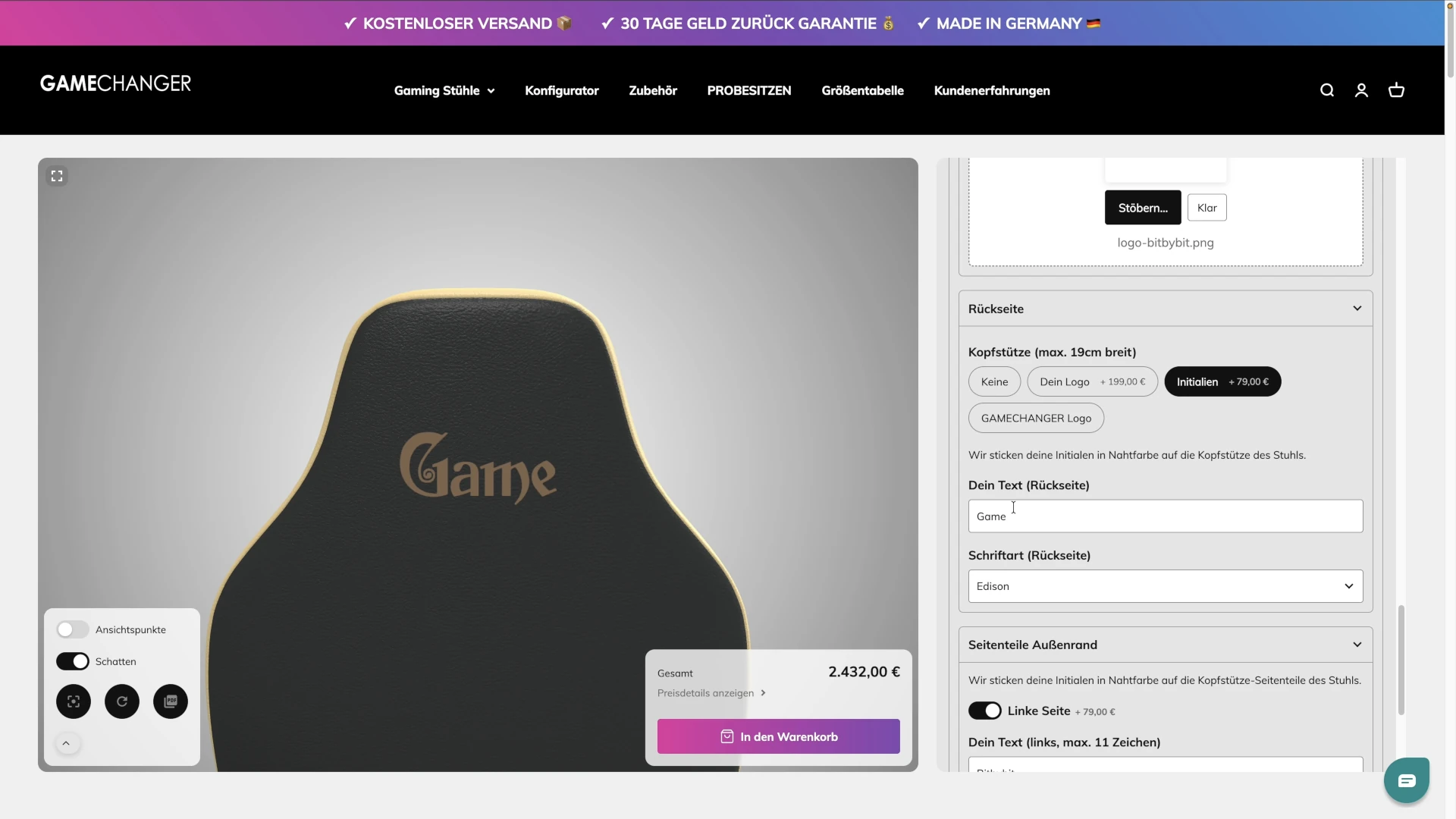 Gamechanger chair with embroidered initials and uploaded logo projected onto the headrest 1