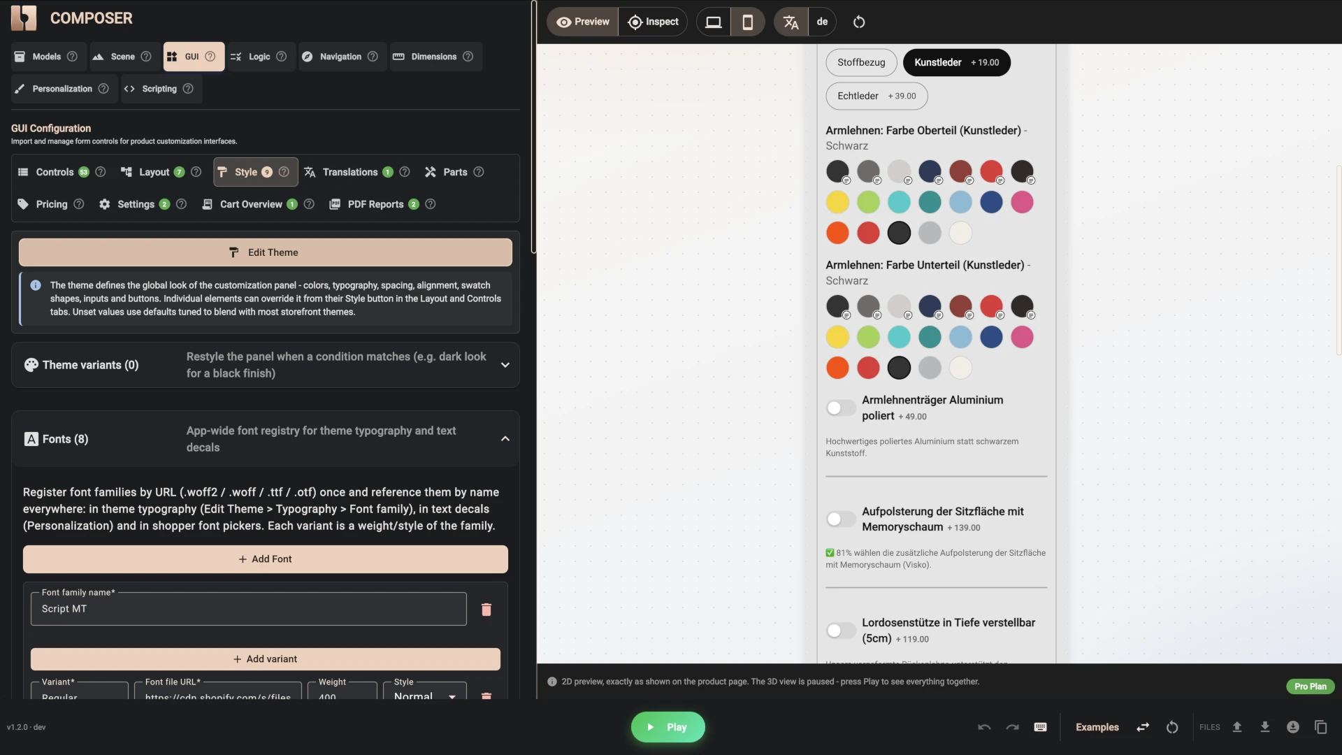 Composer Layout and Controls tabs for the Gamechanger chair 2
