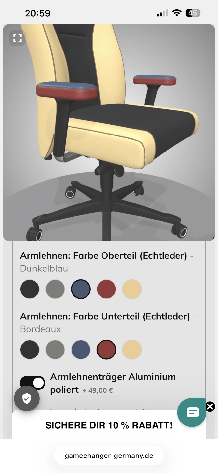 Gamechanger gaming chair configurator on mobile 2