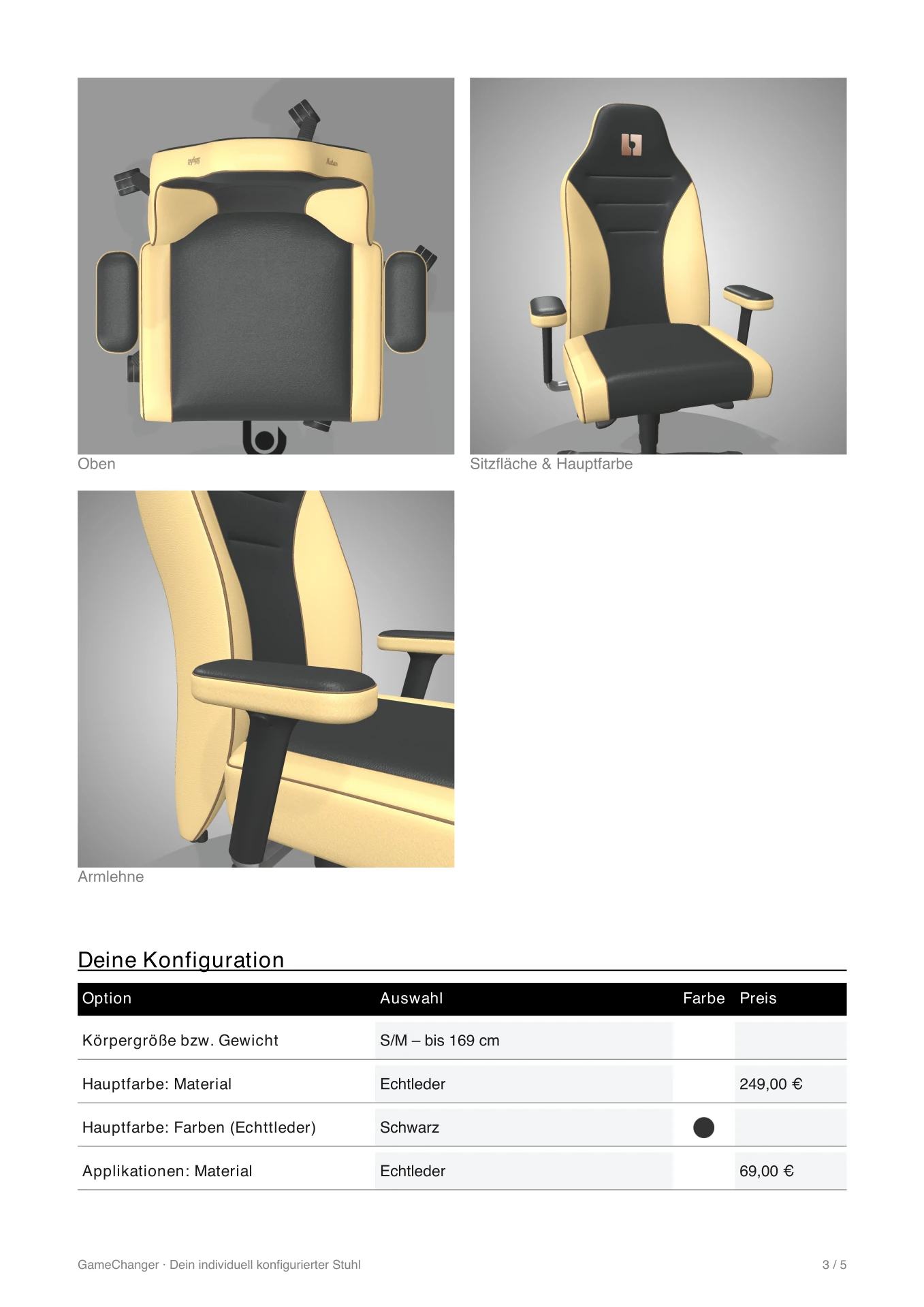Gamechanger customer PDF with rendered chair views and configuration table 3